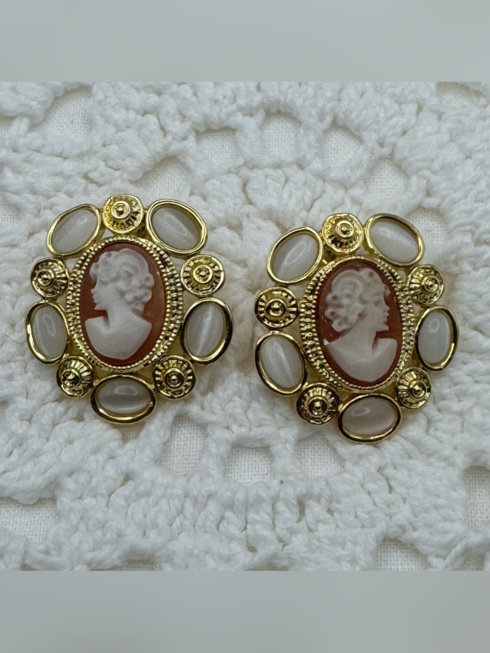 Vintage Amedeo Cameo Earrings Gold Tone Faux Moonstone Victorian Revival Studs